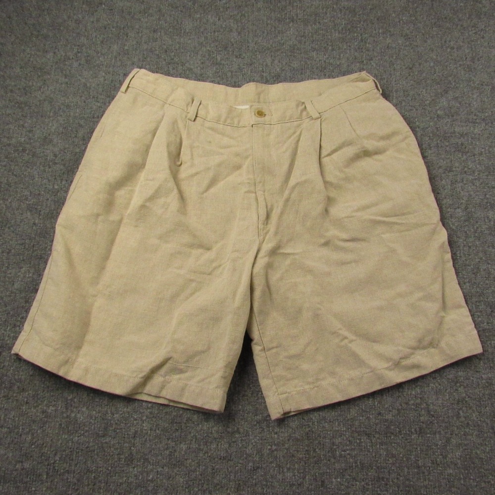 Vintage Savane Silkworks‎ Chino Shorts Mens 36 Beige Linen Blend Pleated Preppy - Picture 2 of 13